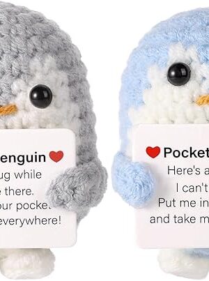 The Pocket Penguin Hug, 2.6 Inch Knitted Penguin Toy with Encouragement Card, Fun for Friends and Family, Birthday Party Gift, Decoration (Gray, Blue), 12686