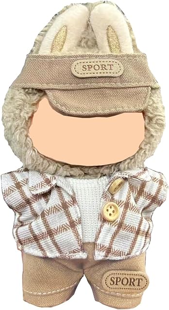 The Clothes for Labubu(NO Doll), Cool Boy Outfits Set for 15cm-17cm Dolls, Casual Style Designer Doll Clothing with Accessories - Hat + Plaid Shirt + Tank Top and Pants (Khaki)