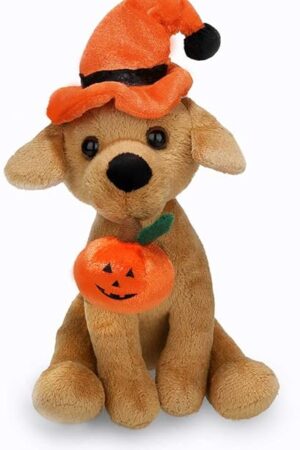The Plushland Halloween Pawpals 8 inches Puppy Dog Plush Stuffed Toy Comes with Hat and Halloween Jack O Lantern - Pumpkin for Kids on This Holiday (Labrador)