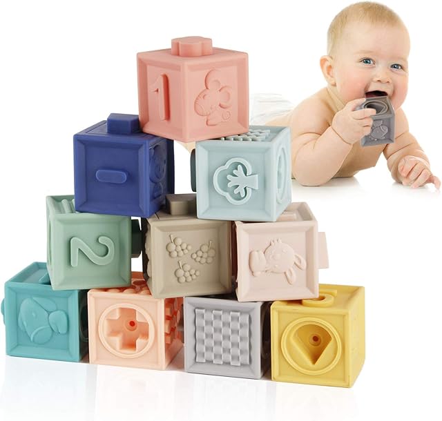 The Mini Tudou Baby Blocks Soft Building Blocks Baby Toys Teethers Toy Educational Squeeze Play with Numbers Animals Shapes Textures 6 Months and Up 12PCS