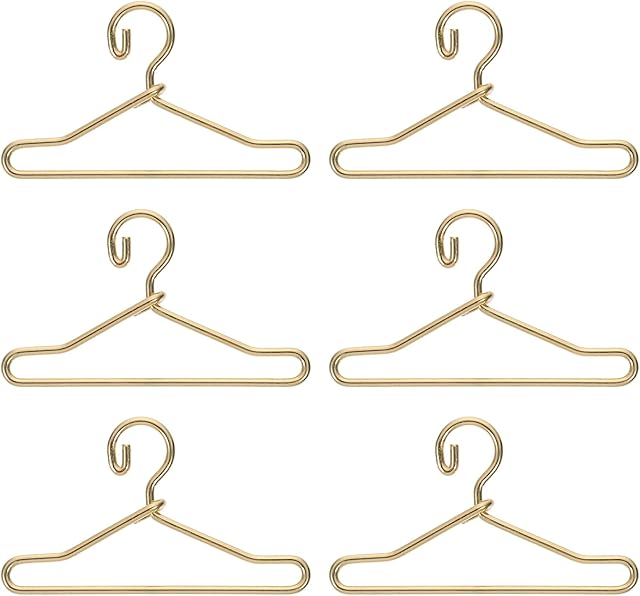 The 50Pcs Mini Clothes Hangers Metal Doll Clothes Dress Outfit Holders Wire Rack Stand for Miniature Dollhouse Gown Closets Toys Bedroom Accessories Golden 40mm