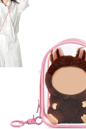 The Protective Case for Plush Doll, Clear Hanging Display Cases, Crossbody Doll Storage Bag, PVC Storage Case Cover for Figures, Dolls (Pink)