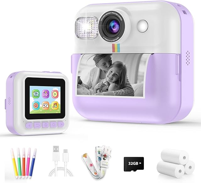 The Kids Camera Instant Print, Christmas Birthday Gifts for Girls Boys, Children Digital Camera with 32GB Card, 1080P Video Toddler Print Camera, Portable Kids Toys for Girls Age 3 4 5 6 7 8 9 10 Purple