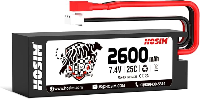 The Hosim 7.4V Lipo Battery 2S 25C 2600mAh Lipo Rechargeable Battery with Hard Case FY-2600K with JST-XH-3P Plug Fit for X08 X07 X07W X15W RC Car Trucks 1/10 Scale RC Vehicles