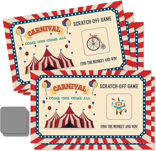The 50 Psc Carnival Come One Come All Scratch off Game Cards, Retro Circus Theme Scratch Cards for Birthday Circus Party Baby Shower, Classroom Party Supplies, Lottery Group Games Activity