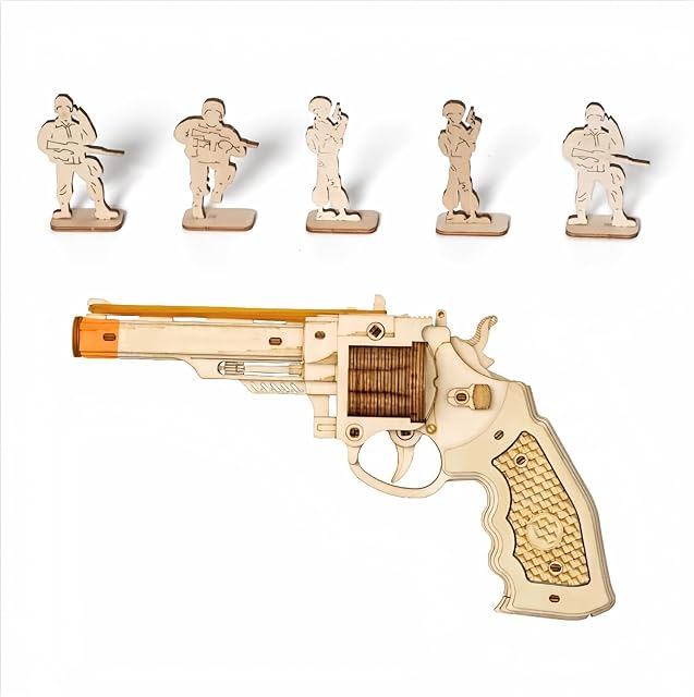The ROKR 3D Wooden Puzzles Rubber Band Gun Model Craft Kit Unique Gift Mechanical Model Brain Teaser (Revolver Toy)