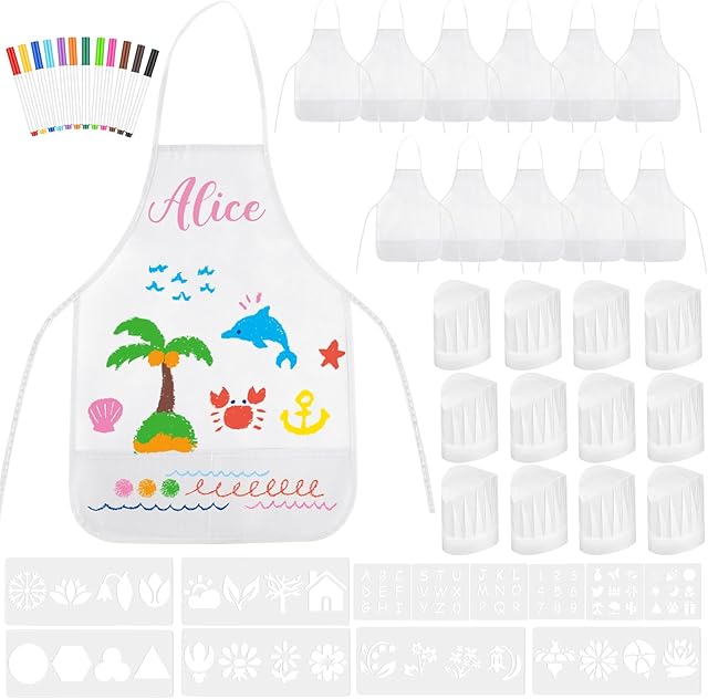 The 36PCS DIY Kids Chef Hat and Apron Set Kids Painting Aprons with Colored Pen and Crafts Template for Baking Painting Craft