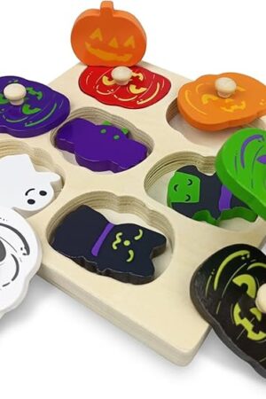 The Pinkiwine Halloween Pumpkin Wooden Peg Puzzles Montessori Educational Toys for Kids Toddlers Halloween Toys Party Favors Treat Bags Gifts