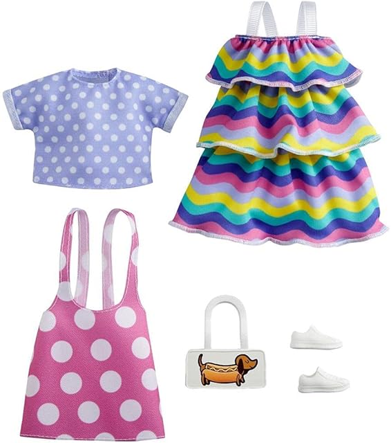 The Barbie Fashions 2-Pack Clothing Set, 2 Outfits Doll Include Pink Polka-Dot Jumper, Purple Polka-Dot Top, Striped Dress & 2 Accessories, Gift for Kids 3 to 8 Years Old, White