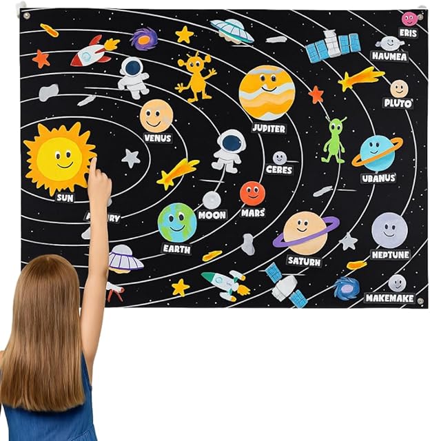 The Solar System Felt Board for Kids – 61 Piece Montessori Space Toy, Educational Birthday Gift for Boys & Girls Ages 3-8, Sensory Autism Resources, Planets, Astronaut Decor, STEM Craft Kit