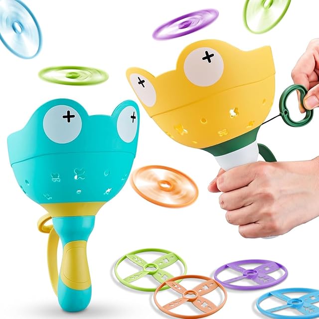 The Outdoor Toys for Kids Ages 4-8,18 Pcs Manual Launcher & Catching Game Set,Outside Toys for Toddlers 3-5, Backyard Beach Park Family Games(Launch 4 Flying Discs at Once)