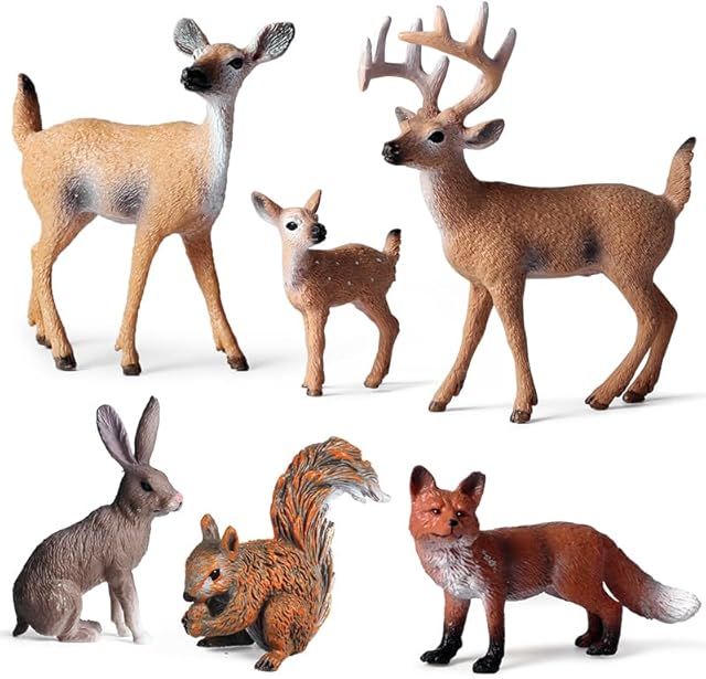 The EOIVSH 6Pcs Woodland Animal Figurines - Forest Animal Toy Figures with Deer Rabbit Fox Squirrel - Miniature Animal Toys for Gift, Cake Topper&Decoration