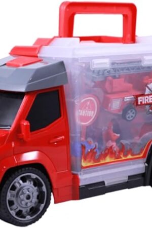 The Red Fire Truck Toys Carrier with Action Figures Lights Sounds Playset, Ages 3 and Up