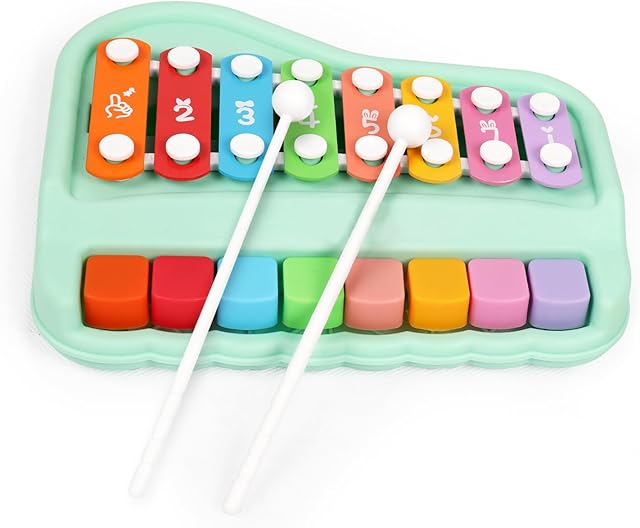 The Baby Piano Xylophone for Toddlers 2-3, 2 in 1 Baby Piano Xylophone Musical Instrument with 8 Multicolored Key Scales Keyboard for Kids(Green)