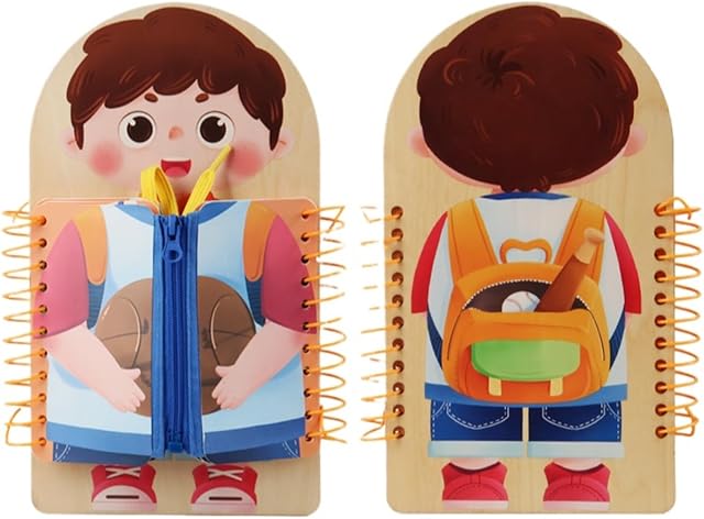 The Montessori Wearing Clothes Learning Early Education Toys Children Life Skills Tying Shoelaces Zipper Buckles Wooden Multi-Layer Busy Board Puzzle Gift (Boy)