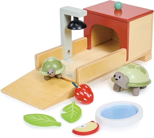 The Tender Leaf Toys - Tortoise Pet Set - 10 Piece Wooden Animal Play Set with Mummy and Baby Tortoise, House, and Food - Great Add-on Pet Play Set to Dollhouse Play for Children - Age 3+