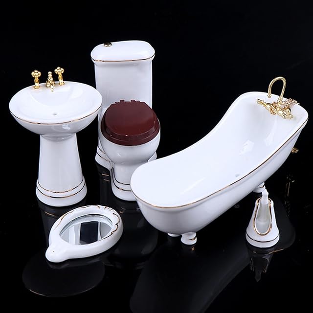 The 1:12 Dollhouse Miniature Porcelain Bathroom Set 5 PCS White Ceramic Toilet Basin Bathtub Mirror Miniature Furniture Doll Accessories for Bathroom Cake Topper Toy Fairy House Furniture Miniature Toys
