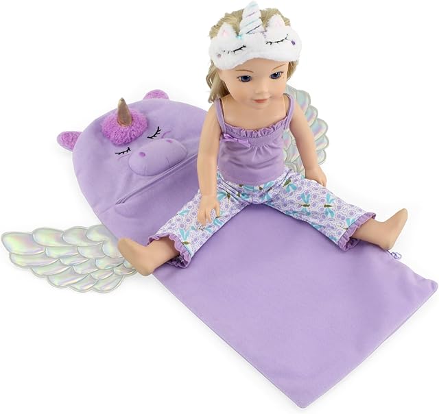 The Emily Rose 14-Inch Fashion Doll Clothes 2-PC Lavender Tank PJ Pajamas Set, with Unicorn Sleeping Bag, Matching Sleep Mask and Carry Case | USA Business