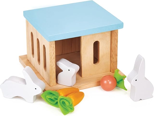 The Mentari Toys - Rabbit Hutch Pet Set - 7pc Wooden Bunny Family with House and Play Food - Dollhouse Accessory - Perfectly Sized for Dollhouses - Encourages Imaginative Play and Animal Care - Age 3+