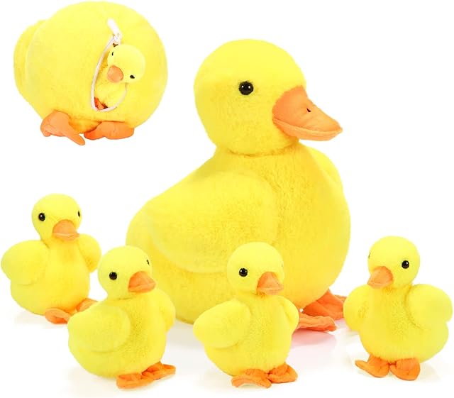 The Zomiboo 5 Pcs Easter Duck Plush Set - Mama & 4 Baby Ducklings with Zipper Pouch, Soft Stuffed Animals for Kids, Easter Gifts & Family Toys(Yellow Duck)