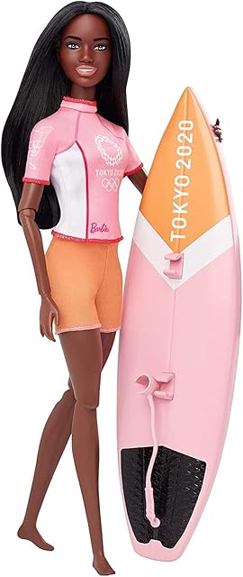 The Barbie Olympic Games Tokyo 2020 Surfer Doll with Surf Uniform, Tokyo 2020 Jacket, Medal, Tokyo 2020 Surfboard with Fins for Ages 3 and Up, Multi (GJL76)