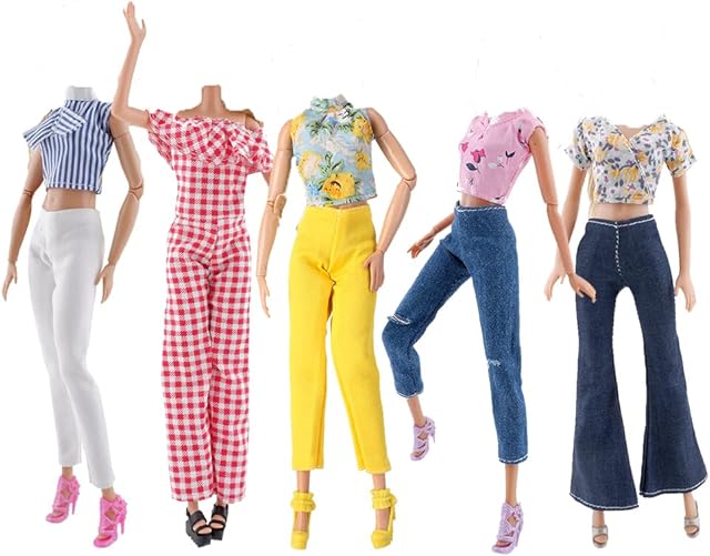 The E-TING Lot 10 Items = 5 Sets Doll Clothes Casual Wear Outfit Tops + Pants with 5 Pair Shoes Accessories for 11.5 Inch Doll (Style C)
