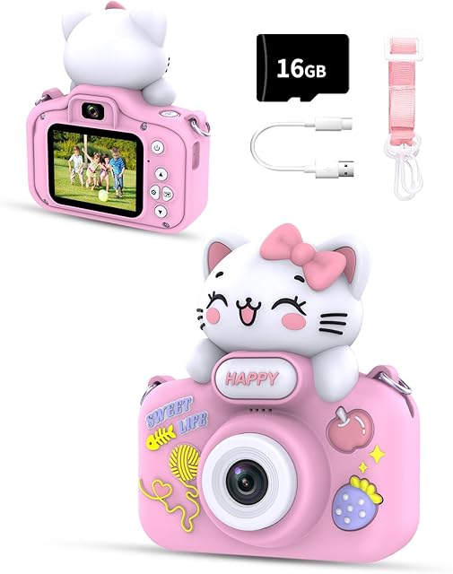 The Kids Camera for Girls and Boys, 1080P 8X Digital Zoom Camera for Kids Age 3 4 5 6 7 8, 48MP Toddler Cameras Christmas Birthday Gift with Silicone Cover & 16GB TF Card, Pink