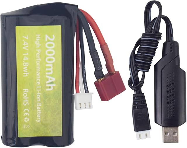 The sea jump 7.4V 2000mah Lithium Battery with T Plug and USB Charging Cable for 55-DJ02 9155 9156 HM121 HM124 HM163 WLOTYS 12401 12403 12428 YC200 YC280 RC RC Car High-Speed Toy Car Battery
