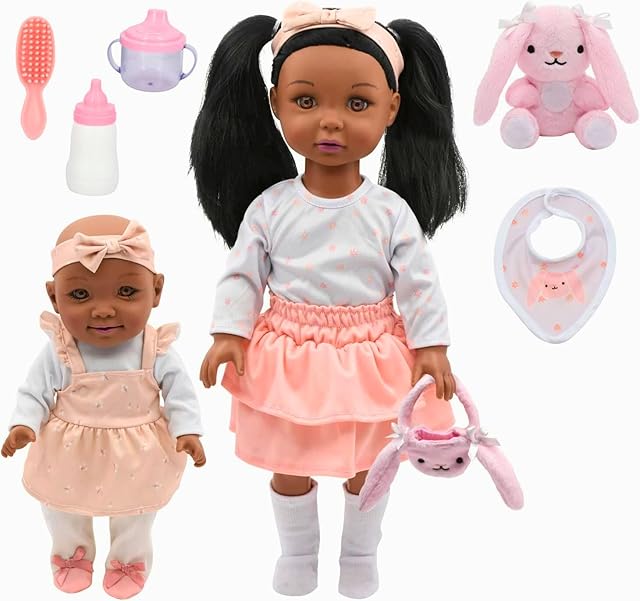 The New Adventures Little Darlings: Sweet Sisters 2 Talking African American Dolls with Bunny Accessories, Ages 3+ (Older 18", Younger 12")