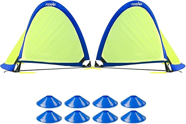 The Poray Soccer Goal for Kid Easy-up Set of Two Portable Soccer Net 210D Oxford with 8 Field Marker Cones Extra Stakes Fun for Backyard and Soccer Training