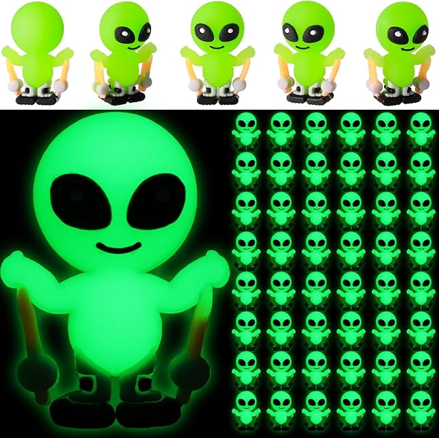 The 50 Pcs Glow in The Dark Mini Alien Figures Tiny Skiing Alien Figurines to Hide and Seek Luminous Astronaut Statue Gift for Space Party Halloween Goodie Bag Piñata Stuffers Cake Toppers