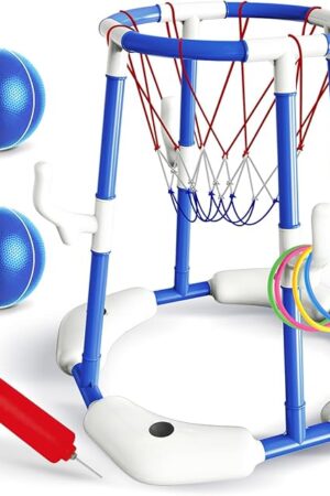 The Pool Basketball Hoop, 2 in 1 Pool Toys Includes Floating Basketball Hoop for Pool and Ring Toss Game for Kids 4-8 8-12 and Adults, Summer Swimming Pool Toys Games for Outdoor Play (Blue)