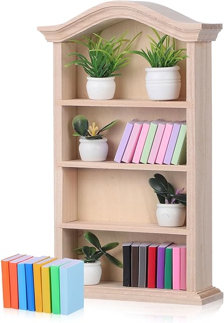 The Toyvian Miniature Dollhouse Bookhelf Decor: 1 12 Scale Tiny Bookshelf with Mini Books and Miniatures Plant Figurines - Wooden Book Case Doll House Furniture Accessories