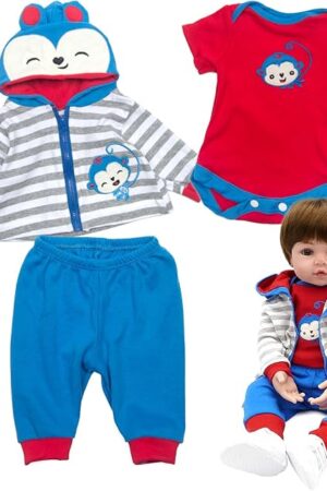 The Reborn Baby Doll Clothes Blue Monkey Outfit Set for 17- 18 inch Reborn Doll Boy Matching Clothes Accessories 3pcs