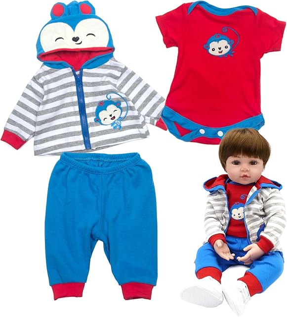 The Reborn Baby Doll Clothes Blue Monkey Outfit Set for 17- 18 inch Reborn Doll Boy Matching Clothes Accessories 3pcs