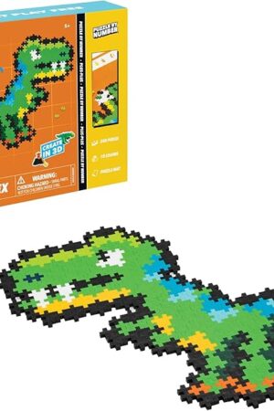 The Plus Plus Puzzle by Number, 250 Piece Mini Interlocking Hashtag Color Blocks, 3D Pixel Art Kit for Kids - T-Rex
