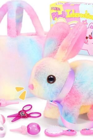 The Plush Interactive Bunny Toys for Kids with Tote Bags,Stuffed Robot Pet Rabbit with Leash Hopping Wiggle Ears Pretend Play,Realistic Cute Fidget Toys for Toddler Stocking Stuffers Birthday Gifts