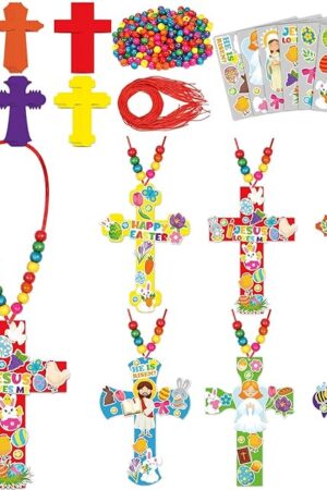The Qyeahkj 30 Set Easter Cross Necklace Craft Easter Religious Cross Craft Kit for Kids DIY Christian Jesus Arts He is Risen Sticker Hanging Decor Supplies for Sunday School Classroom Party Activities