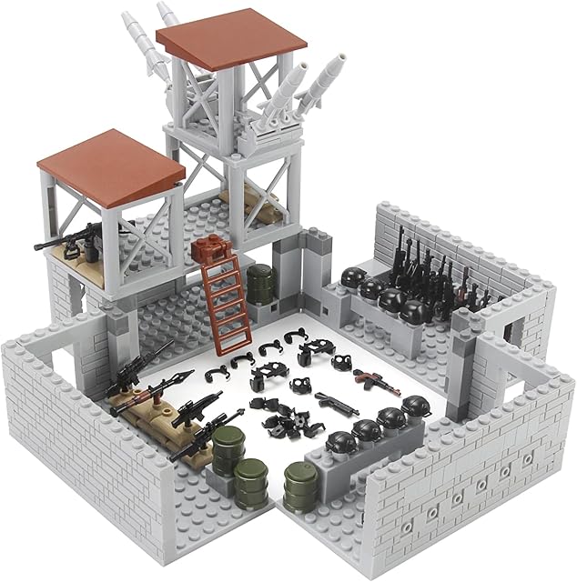 The Military Base Building Bricks Set 389 Pieces Armory Defense Guard Tower Guns Army Weapons SWAT Gear Accessories for Soldier Figures Building Block Toy Compatible with Major Brands
