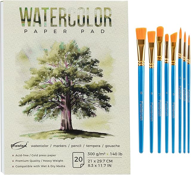 The Watercolor Paper Pad, 20 Sheets Watercolor Pad with 8 Paint Brushes, Painting Paper for Watercolors, Sketch, Journal