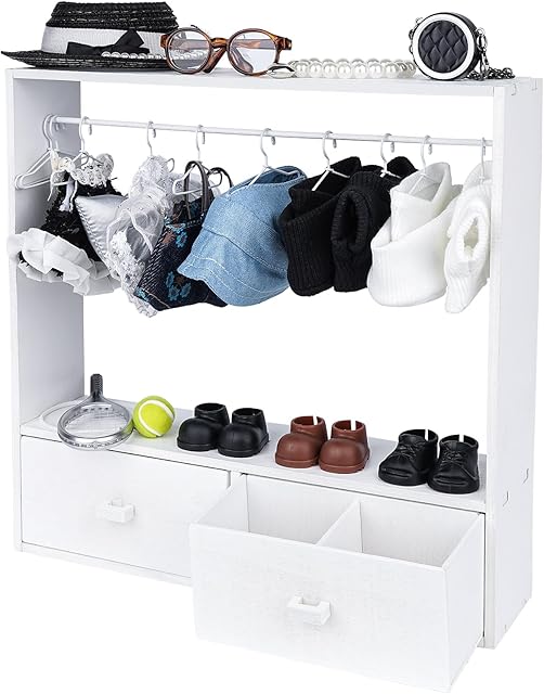 The Doll Closet for Wooden with 10 Mini Metal Hangers Rack, Doll Accessories Display Box, Clothes Storage for Figures, Clothes Hangers Wardrobe Furniture Accessories for Doll Lovers, Gift (White)
