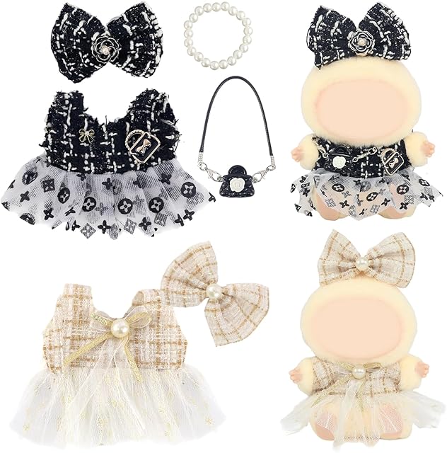 The 2 Set Doll Clothes for 15cm/17 cm, 6 Pack Mini Cute Doll Clothes Outfit Accessories for Luxury Skirts, Clip Necklace Suitable 1st/2nd (No Dolls)