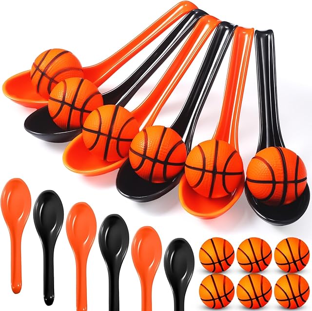 The 12 Pack Basketball Theme Birthday Party Game Ball and Spoon Relay Race Toy Set for Kids Adults Field Day Egg Spoon and Race Game for Sports Party Indoor Outdoor School Supplies(Orange)