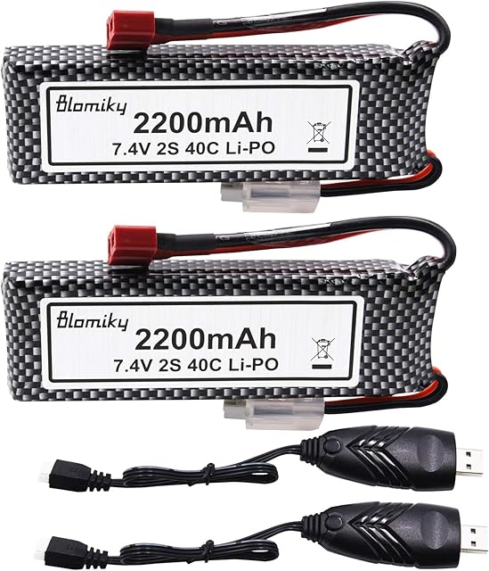 The Blomiky 2 Pack 7.4V 2200mAh 16.28Wh Lipo Rechargeable Battery with T Plug and USB Charger Cable fit for 1/8 1/10 Scale WLTOYS 104001 124018 124019 RC Car Truck Helicopter Drone 124019 Battery 2