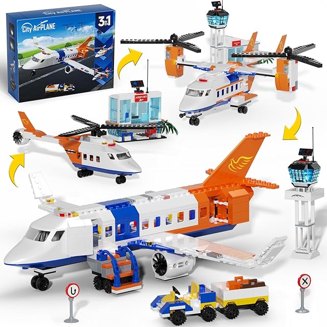 The City Plane Building Set, Transport Plane, Helicopter Passenger Airplane 3 in 1 Building Toys with Luggage Trailer, Terminal, Radar Tower, Planes Model for Adults Boys Girls Age 8-12+