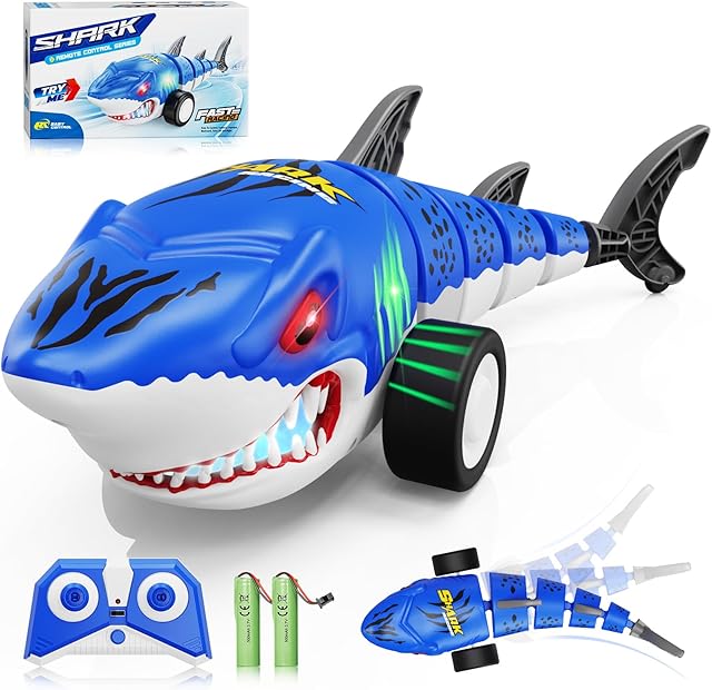 The Remote Control Shark Toys, RC Shark Cars with Led Light, Rechargeable RC Robot Toy for Kids, 360° Rotating & Swinging Tail, Birthday Gifts for Girls Boys Age 3-5 5-7 8-10