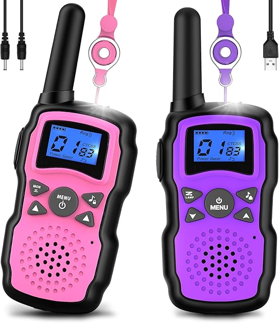 The Wishouse Walkie Talkies for Kids Rechargeable with USB Charger 6000mAh Battery,Outdoor Camping Games with Flashlight Lanyard,Toys for Girls,Halloween Xmas Birthday Gift for Children 2 Pack Pink Purple