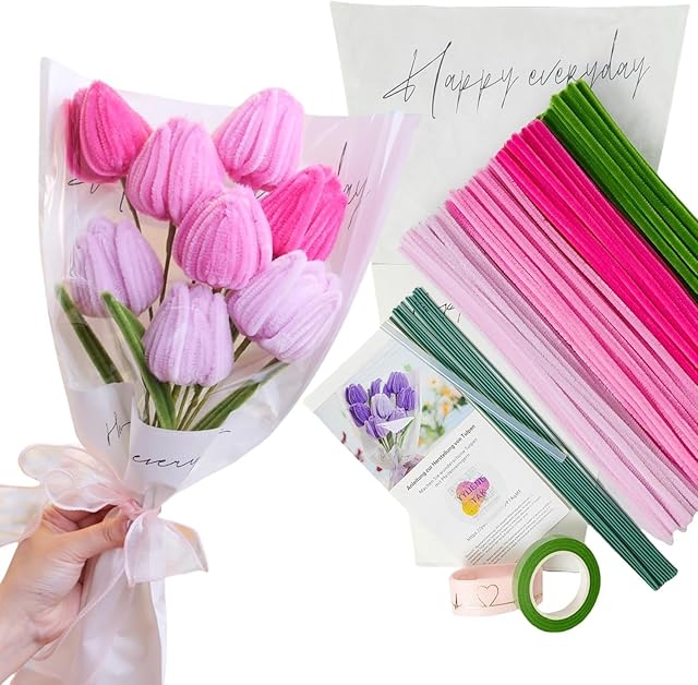 The 210 pcs Pipe Cleaner Flowers Craft kit for DIY Sunflower Bouquet,Bulk Fluffy Fuzzy Sticks for Craft Supplies DIY Art Projects Creative Gift Wrapping Party Decorations(Pink Flower,12 Inch)