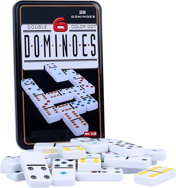 The GOTHINK Double 6 Dominos Set for Adults with Tin Box Storage - 28 Tile Colorful Dot Dominoes Games Set for Family Night Gift Travel Game - Classic Party Board Game Ideal for 2-4 Players