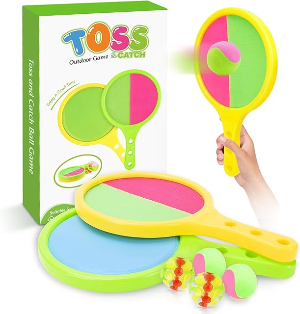 The Toss and Catch Game for Kids: Toss and Catch Ball Set - Outdoor Catching Balls Paddle Toys for Ages 3+ Beach Paddle Ball Sets for Yard and Backyard Summer Outside Activities